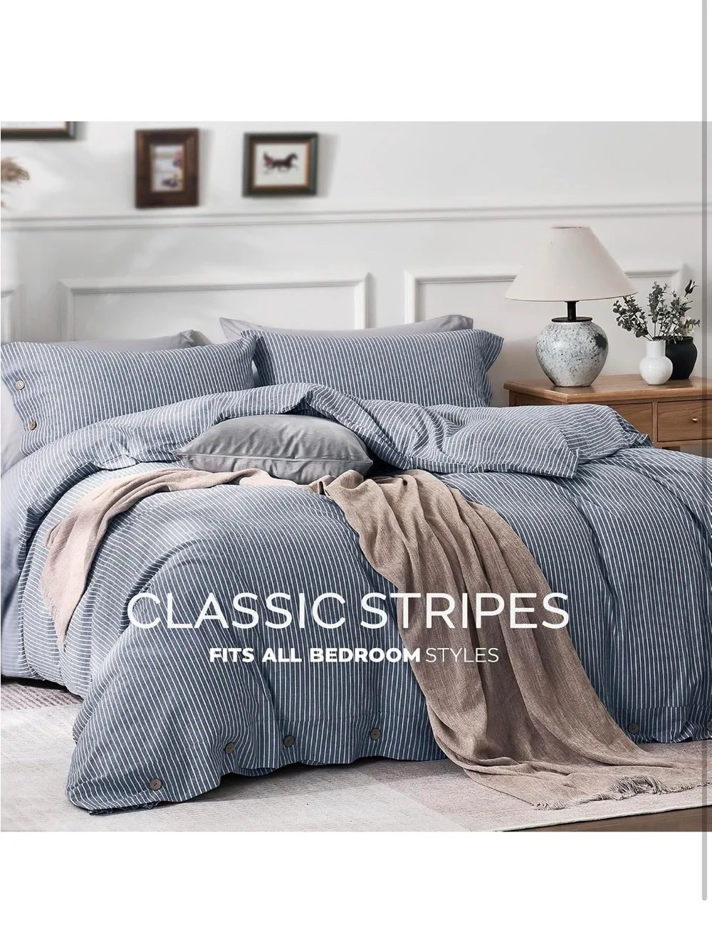 NEW JELLYMONI 100% Washed Cotton Duvet Cover Set - Blue Vertical Pinstripe KING